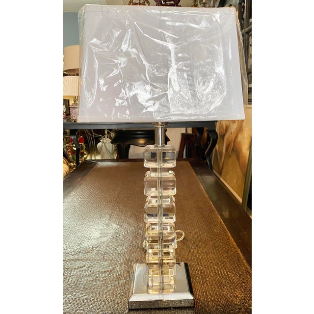 Vintage Midcentury style stacked lucite with stainless steel base table lamp. New wiring in working condition.New...