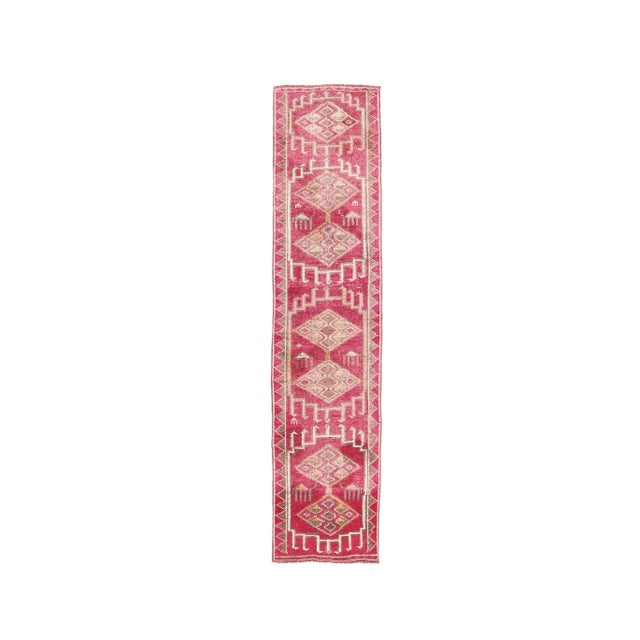 Vintage Pink Geometric Turkish Hand-Knotted Runner For Sale - Image 9 of 9