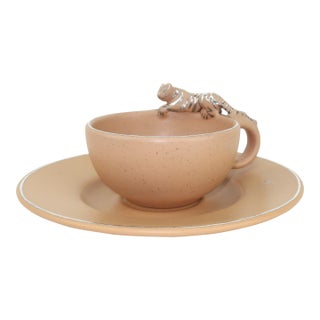 Emilia Castillo Ceramic Pottery Tiger Cup & Saucer With Silver Overlay For Sale