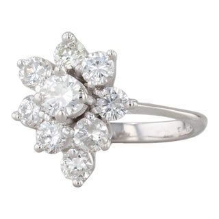 0.83ctw Diamond Cluster Flower Engagement Ring 14k White Gold Size 3.75 For Sale