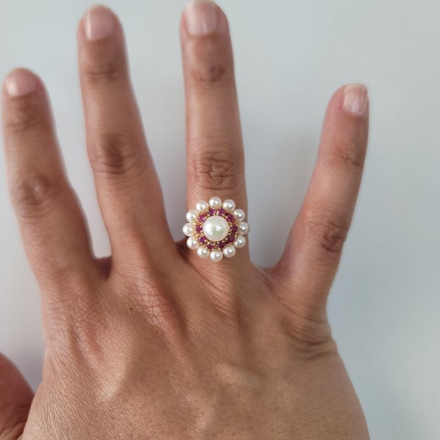 ♥ Product Summary ♥ Main Stone: Freshwater Pearl & Ruby Band Material: 14k Yellow Gold Pearl Size: 6.5MM Stone Cut: Round...