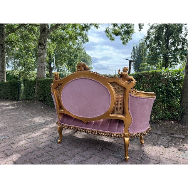 1940 French Louis XVI Gold Beech Rose Velvet Settee For Sale - Image 17 of 18