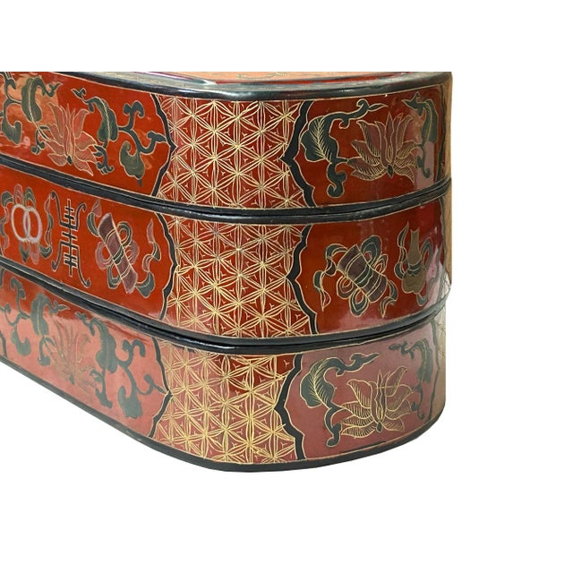Chinese Brick Red Lacquer Color Treasure Graphic Stack Box Basket ...