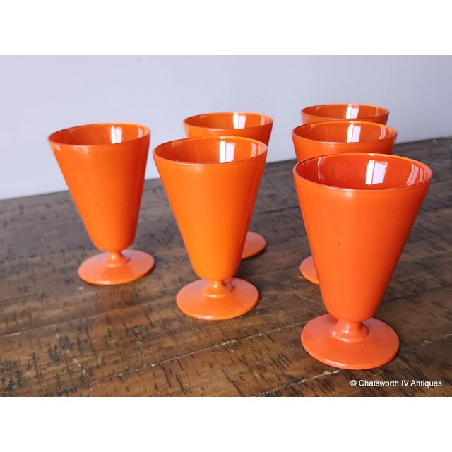 1940s Set 6 Antique Anchor Hocking Fire King Rainbow Tangerine Footed Iced Tea Cups, 1940s For Sale - Image 5 of 6