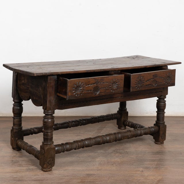 17th Century Console Table with Two Carved Drawers, Portugal 17th-century chestnut console table with deep, dark patina...