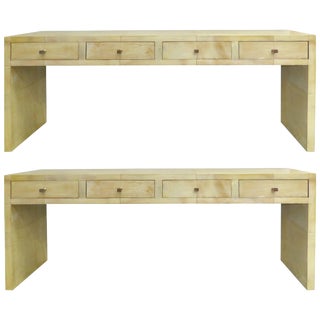 Goatskin Clad Wood Four-Drawer Console Tables With Hammered Copper Handles For Sale