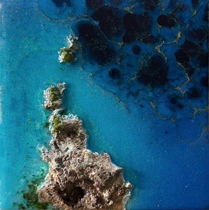 Flying Over the Ocean #6 by Ana Hefco | Layered tinted resin & Mixed Media on wood panel abstract seascape