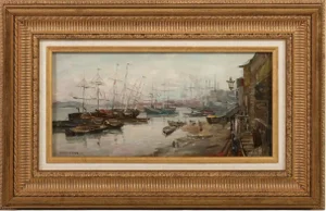 Mid 20th Century Vintage Oil Painting Marine Harbor Scene by M Chevtsov