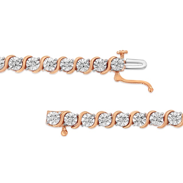 Contemporary 14K Rose Gold Plated .925 Sterling Silver 1/10 Cttw Diamond Round Miracle Plate and "S" Link Tennis Bracelet (I-J Color, I2- I3 Clarity) - 7" For Sale - Image 3 of 7