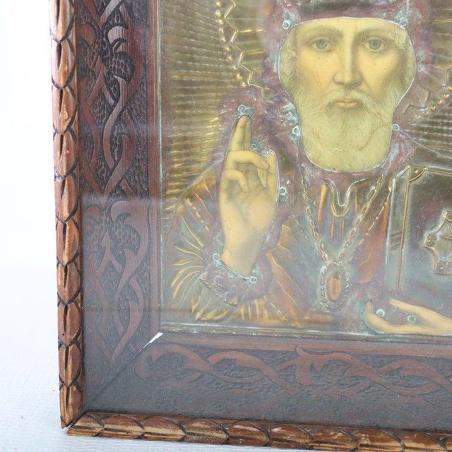 Religious Hand Painted St. Nicholas Icon in Brass Overlay & Shadowbox C1920 For Sale - Image 3 of 6