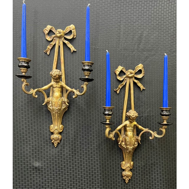 Hollywood Regency Pair of Vintage Brass Cherub Double Candle Sconces For Sale - Image 3 of 12