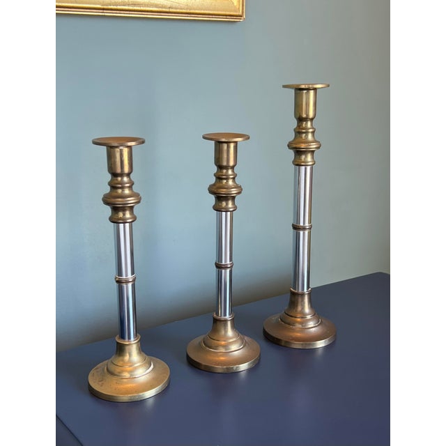 Mid-Century Modern Late 20th Century Brass and Chrome Candlesticks- Set of 3 For Sale - Image 3 of 6