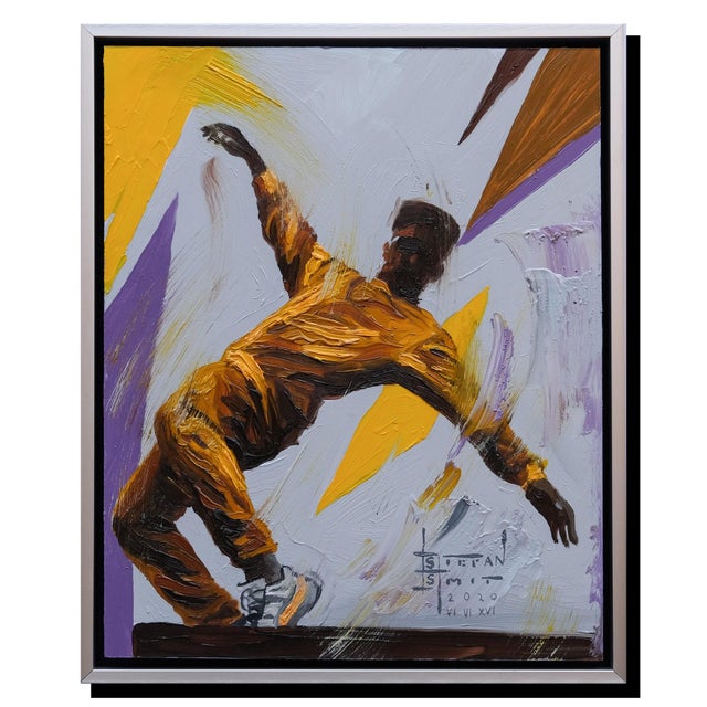 A New Rhythm 3 by Stefan Smit | Oil Painting of a figure dancing on a colorful background For Sale