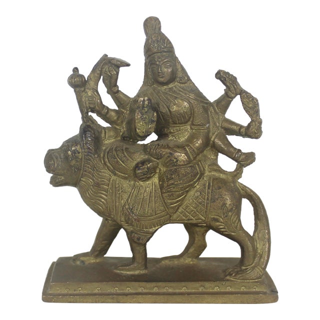 Vintage Brass Statue of Hindu Goddess Durga Riding a Lion a Symbol of Strength Protection and Motherhood Shiva For Sale