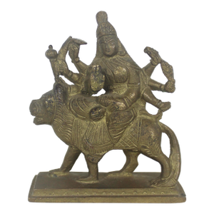 Vintage Brass Statue of Hindu Goddess Durga Riding a Lion a Symbol of Strength Protection and Motherhood Shiva