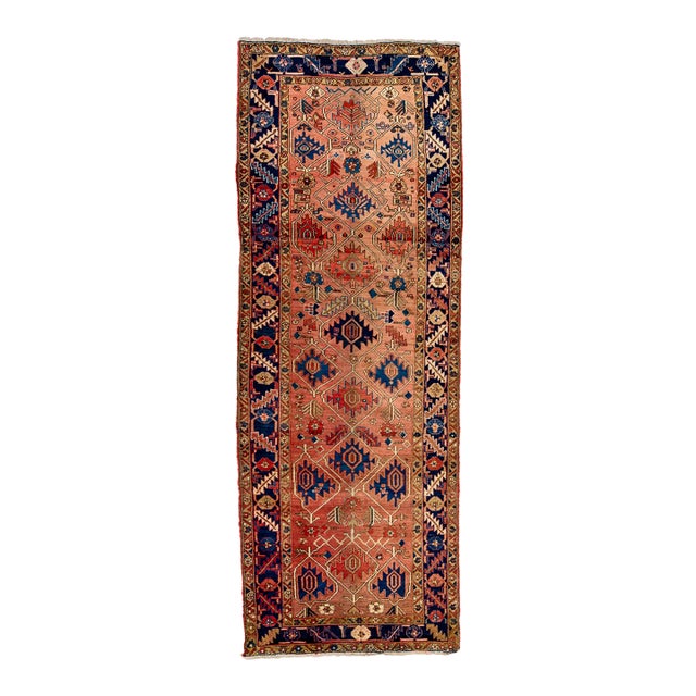 1960s Vintage Handmade Persian Heriz Wool Runner With Peach Accents For Sale