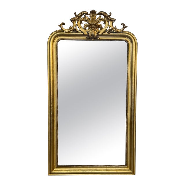French 19th Century Large Vertical Gold Gilt Mirror with Floral crest For Sale