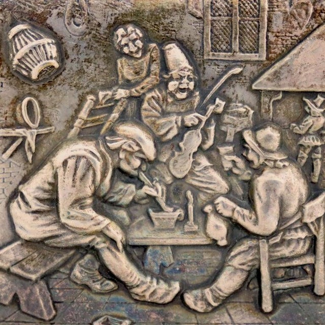 Victorian Figural Repousse Tavern Scene Sterling Silver Cigarette Case 2.8 Troy Oz C1900 For Sale - Image 3 of 7
