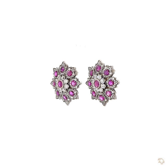Modern 5.67 Carat Round Brilliant Cut Diamond Ruby Gold Earrings, Pair For Sale - Image 3 of 9