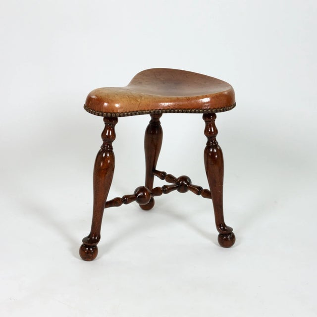 Turned Mahogany Three-Legged Saddle-Seat Stool, Leather Seat With Nailhead Trim English Circa 1850 For Sale In San Francisco - Image 6 of 9