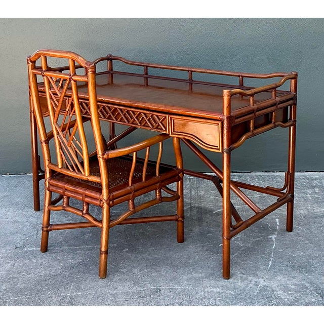 Vintage Brown Jordan Fretwork Rattan Writing Desk and Chair For Sale - Image 9 of 12