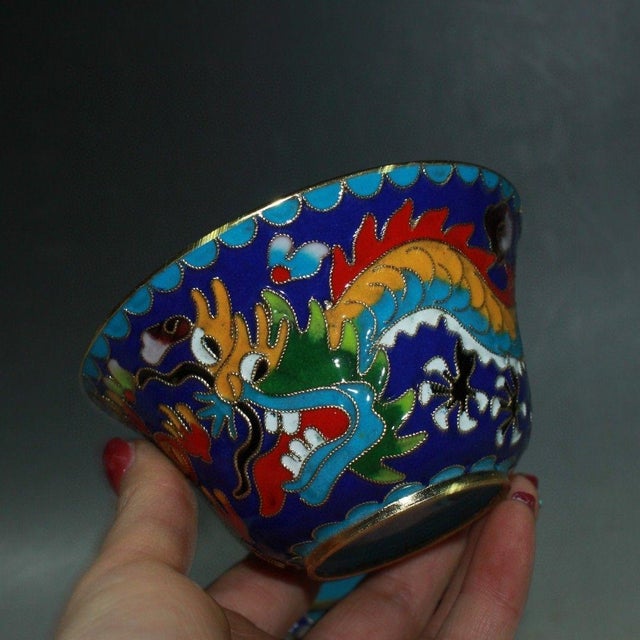 Vintage Cloisonne Enamel Tea Bowls – 3.9" Dragon & Phoenix Cups - Pair For Sale In Los Angeles - Image 6 of 9