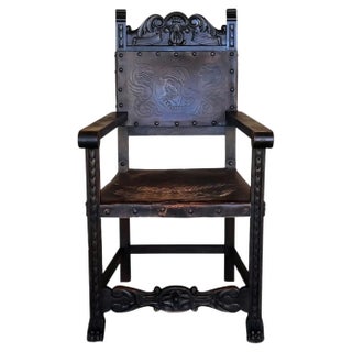 19th Spanish Carved Walnut Armchair with New Black Leather and Solomonic Columns, 1890s For Sale