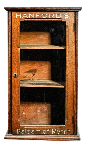 Late 19th Century Rare Original Hanford’s Balsam of Myrrh Medicine Advertising Store Oak Wood Display Cabinet Home Decor