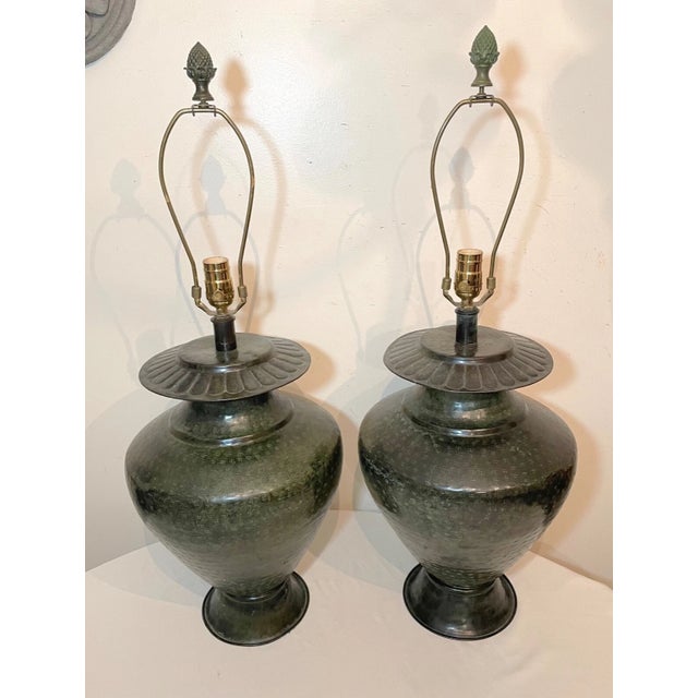Metal 1990s Large Pair of Modern Hand Made Hand Hammered Patinated Bronze Table Lamps For Sale - Image 7 of 12