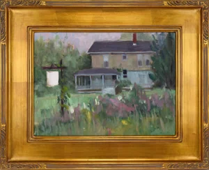 Vintage American Impressionist Landscape Oil Painting of a House and Garden by Harry Barton