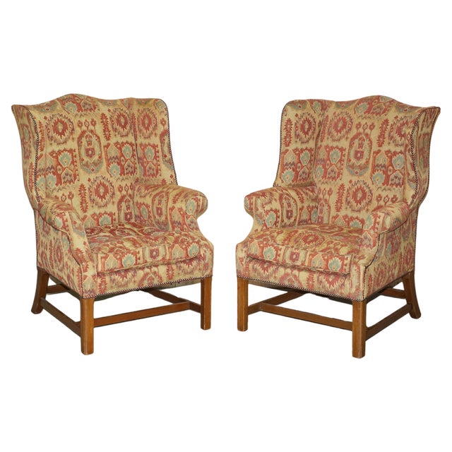 Set of George III Wingback Armchairs with Kilim Pattern Uphosltery For Sale