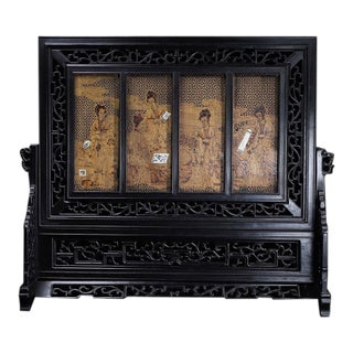 Vintage Chinese Zitan Table Screen | Carved Ladies & Agarwood Inlay With Stand For Sale