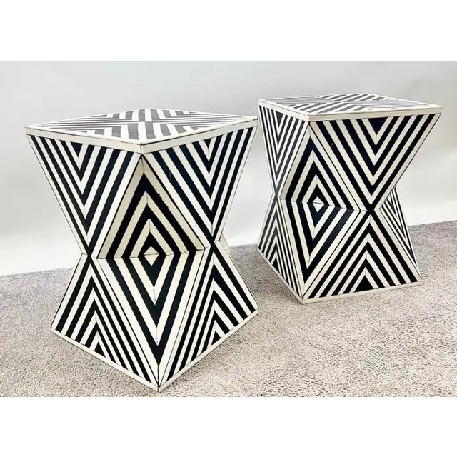 Art Deco Style Black & White Resin Sculptural Side, End Table or Stool, a Pair: This striking pair of Art Deco-style...