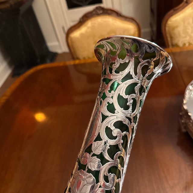 Early 20th Century Antique Alvin American Art Nouveau Green Floral Silver Overlay Vase For Sale - Image 5 of 10