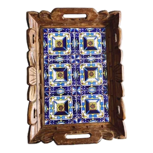Vintage Mexican Wood and Tile Tray
