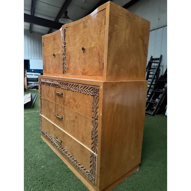 1950s Stunning and Very Rare Hand Carved 1950's Bird's Eye Maple Tall Dresser For Sale - Image 5 of 10