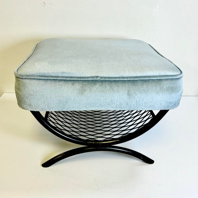 1960s Vintage Mid-Century Boho Chic Atomic Metal Footstool With Sky Blue Velvet Cushion For Sale - Image 9 of 13