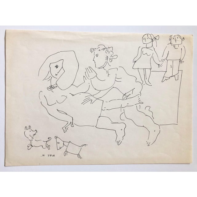 1960s Moshe Avni, Vintage Israeli Bezalel School Drawing Family Playing, Dogs Puppies Kibbutz Life, c.1960's For Sale - Image 5 of 5