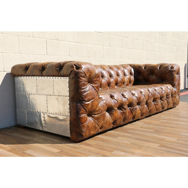 Modern Industrial Aviator Chesterfield Sofa in Distressed Brown Leather & Riveted Aluminum Panels For Sale - Image 3 of 18