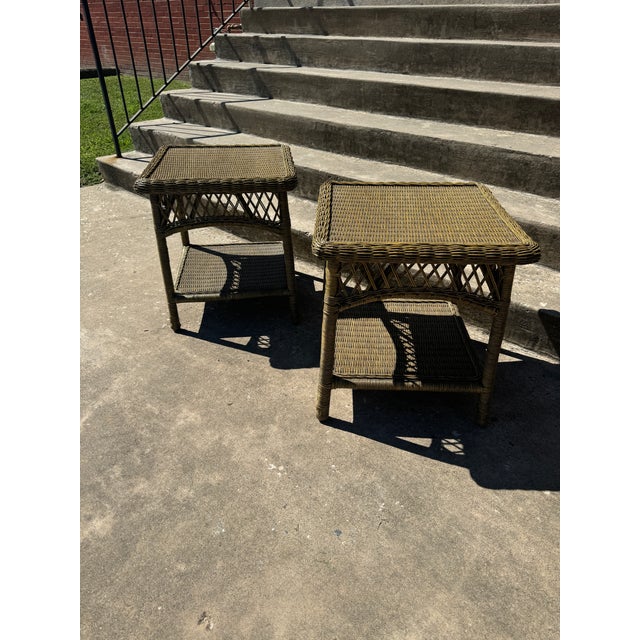 Wood Vintage Boho Funky Green Wicker Tables - A Pair For Sale - Image 7 of 12