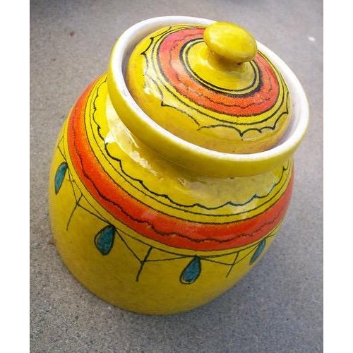 Vintage I. Magnin southwestern art pottery, pot with lid. Colors: Yellow, Turquoise, and Orange Measurements 7" Height...