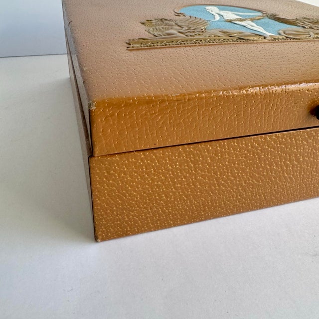 Vintage Neoclassical Style Box Roman Woman Winged Lion Leatherette Covered Bakelite Handle For Sale - Image 4 of 12