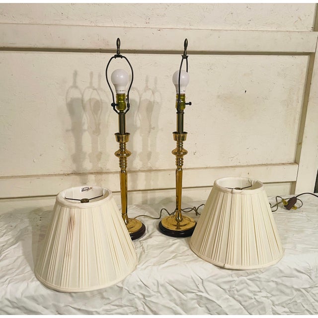 Metal Pair of Brass Lamps With Shades For Sale - Image 7 of 11