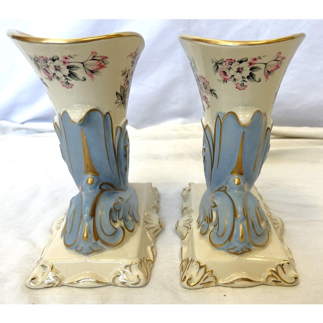 Mid 20th Century Porcelain Cornucopia Vases With French Belle Epoque Design- A Pair For Sale In West Palm - Image 6 of 17