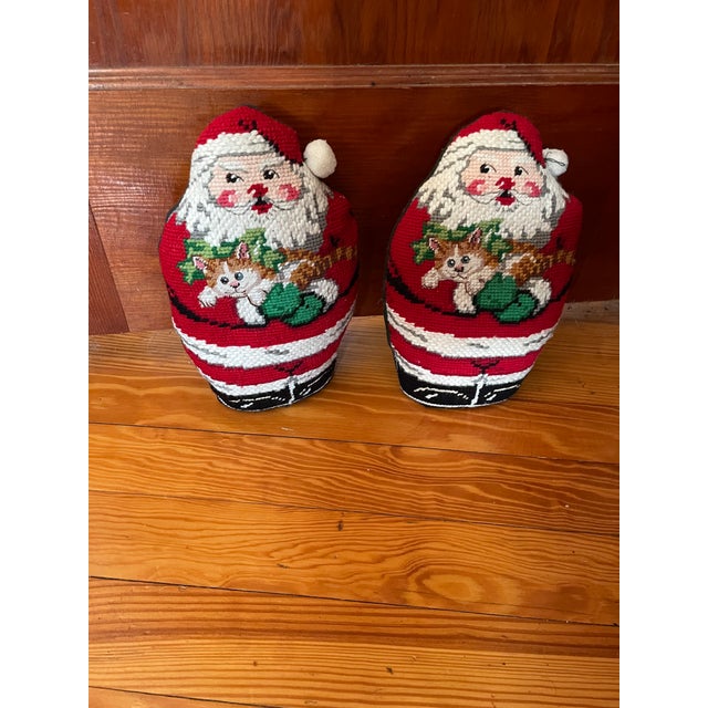 Shabby Chic 2 Vintage Figural Santa Claus Christmas Needlepoint Stand Up Pillows Doorstop For Sale - Image 3 of 7