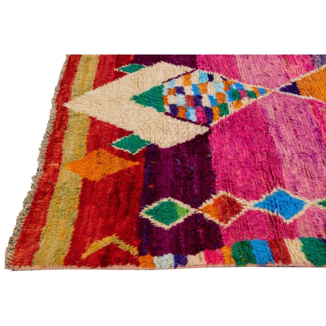 Vintage Boujad Moroccan Handmade Geometric Multicolor Berber Wool Rug For Sale - Image 9 of 12