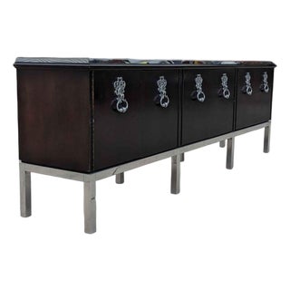 1970s Hollywood Regency Black Credenza in the Style of Tommi Parzinger, Chrome For Sale