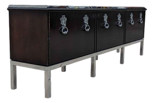 1970s Hollywood Regency Black Credenza in the Style of Tommi Parzinger, Chrome