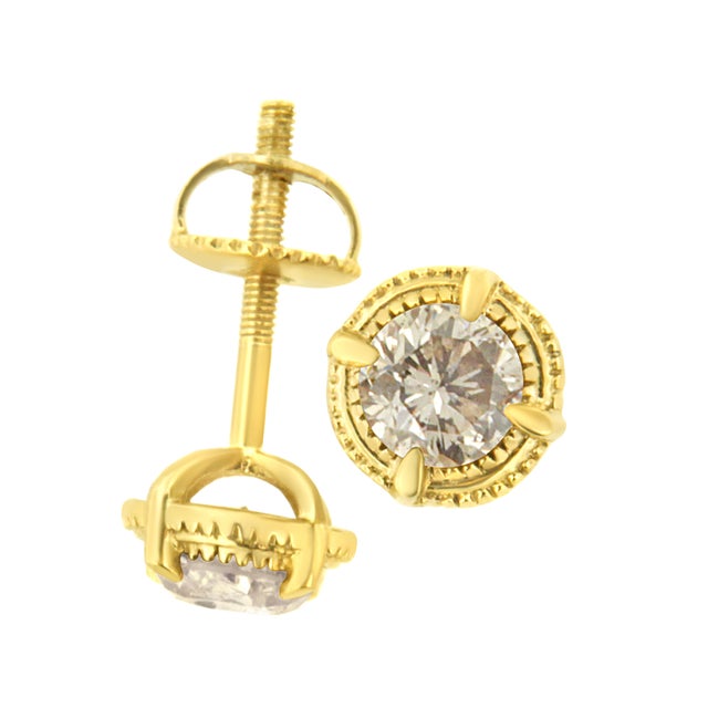 Haus of Brilliance 14K Yellow Gold Plated .925 Sterling Silver 1.0 Cttw Round Brilliant Cut Diamond Solitaire Milgrain Stud Earrings (K-L Color, I2-I3 Clarity) For Sale - Image 4 of 6