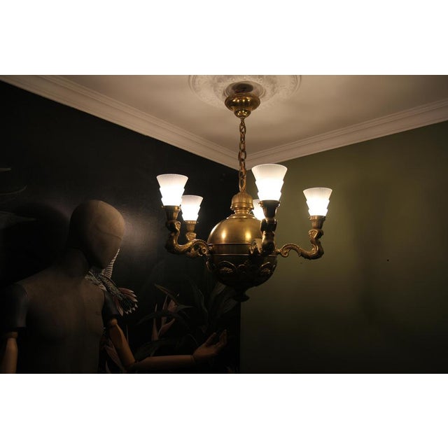Art Deco Bronze and Frosted Glass Chandelier, 1920 For Sale - Image 13 of 18